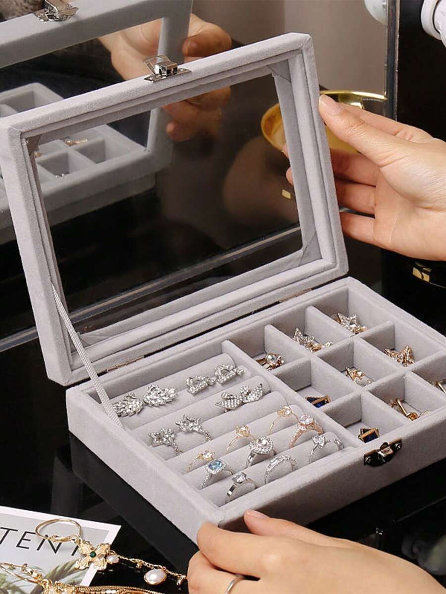 1pc Jewelry Storage Box, Grey Ring Box, Earring Organizer, For Household - Grey - View 1