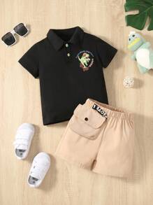 SHEIN 小男童恐龍和字母圖案POLO衫和短褲附包