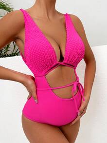 SHEIN Maternity Cut Out Tie Front One Piece Swimsuit - Hot Pink - View 3