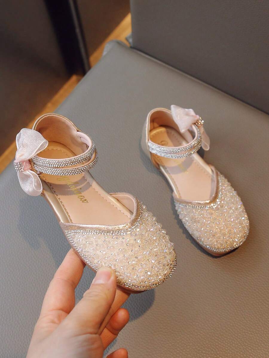 女孩珍珠和水鑽裝飾魅力四射踝帶平底鞋適合派對 - 金色 - 查看 1