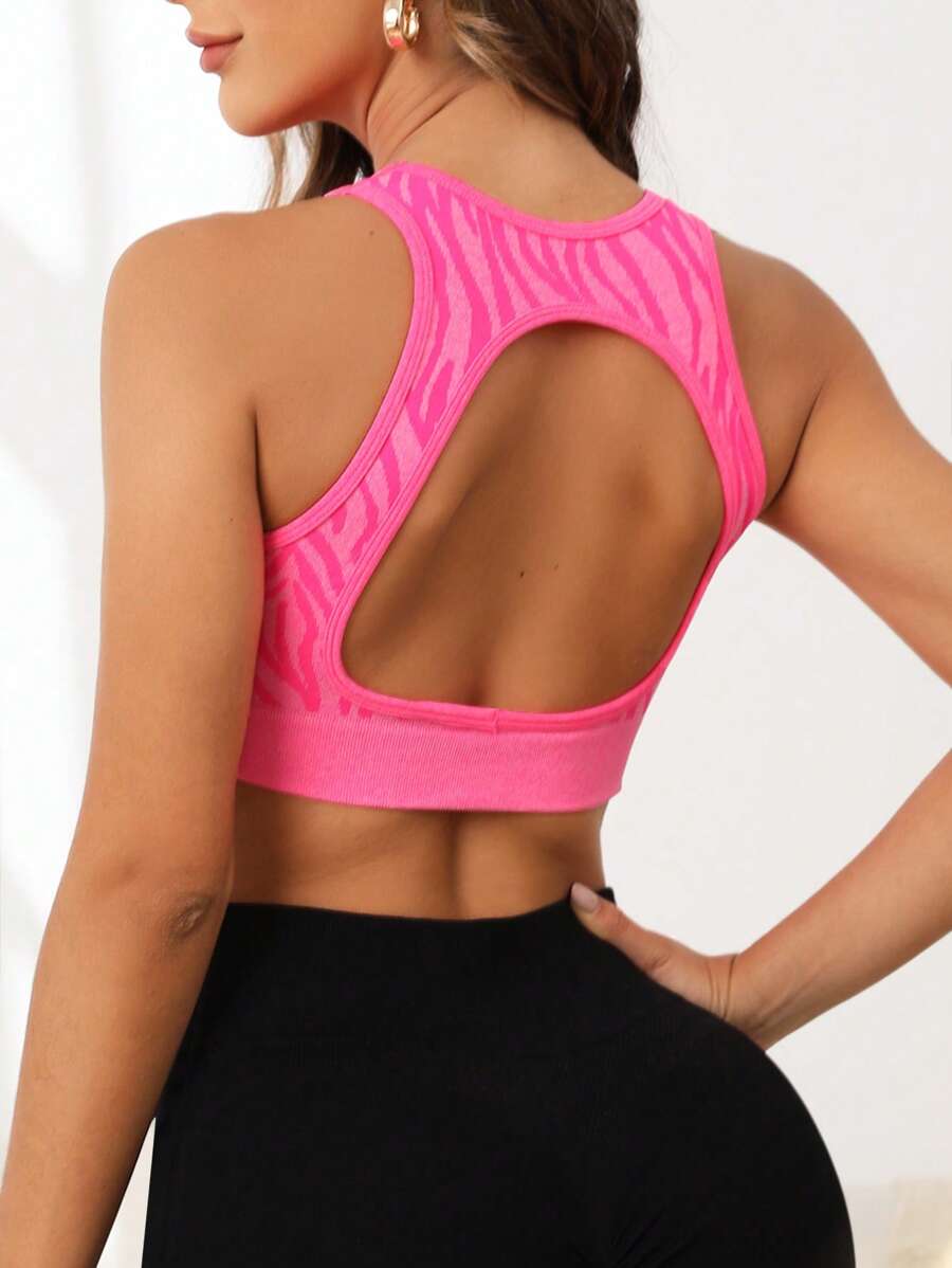 Yoga Trendy Graphic Print Cut Out Back Sports Tank Top - Hot Pink - View 1