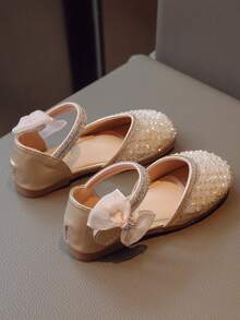 女孩珍珠和水鑽裝飾魅力四射踝帶平底鞋適合派對 - 金色 - 查看 2