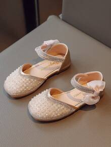 女孩珍珠和水鑽裝飾魅力四射踝帶平底鞋適合派對 - 金色 - 查看 3