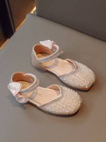 女孩珍珠和水鑽裝飾魅力四射踝帶平底鞋適合派對 - 金色 - 查看 4