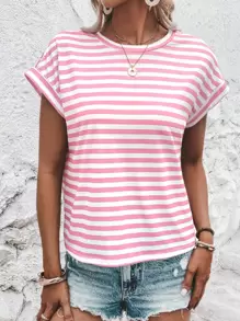 Breezaya Striped Print Criss Cross Back Batwing Sleeve Tee - Pink - View 6