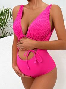 SHEIN Maternity Cut Out Tie Front One Piece Swimsuit - Hot Pink - View 4