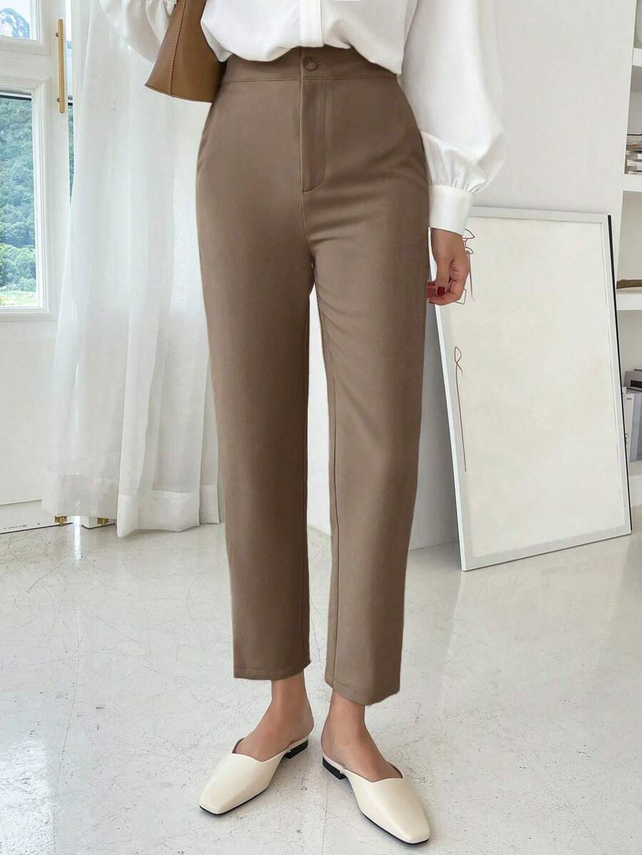 DAZY Quần dài ống côn màu trơn đa năng, quần công sở thường ngày, quần váy nữ - Màu Khaki - Xem 1