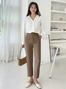 DAZY Quần dài ống côn màu trơn đa năng, quần công sở thường ngày, quần váy nữ - Màu Khaki - Xem 4