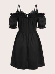 ROMWE Fairycore Solid Frill Trim Tie Front Dress - Black - View 2
