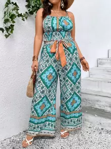 SHEIN VCAY 大碼圍巾圖案吊帶上衣和腰帶闊腿褲 - 彩色 - 查看 1