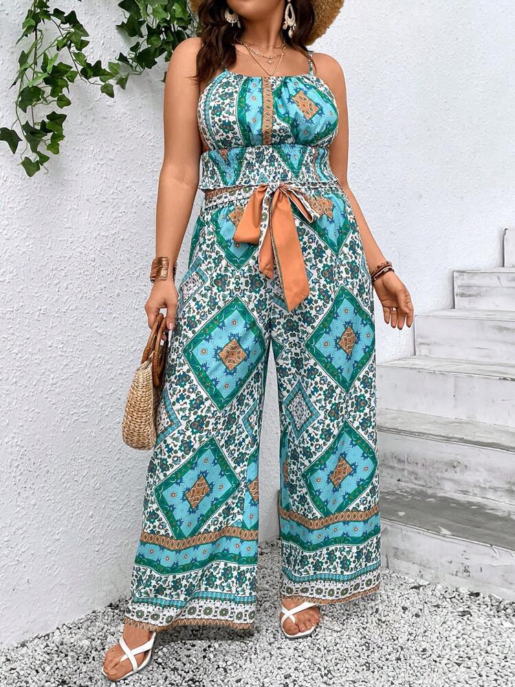 SHEIN VCAY Plus Scarf Print Cami Top & Belted Wide Leg Pants - Multicolor - View 1
