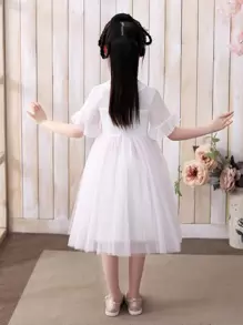 Toddler Girls Floral Embroidery Flounce Sleeve Mesh Overlay Hanfu Dress - White - View 2