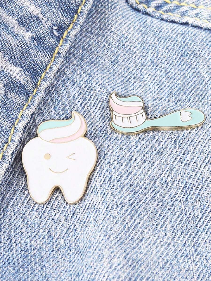 2pcs Cartoon Tooth & Toothbrush Brooch - Multicolor - View 1