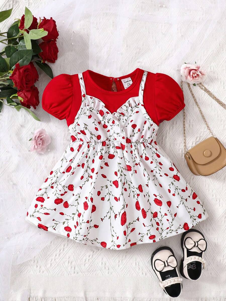 Baby Floral Print Puff Sleeve 2 In 1 Dress - Red and White - View 1