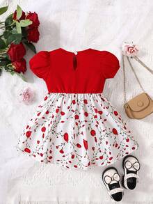 Baby Floral Print Puff Sleeve 2 In 1 Dress - Red and White - View 2