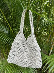 DAZY 白色草编包度假抽绳双手柄，沙滩钱包，适合夏季、度假和日常使用