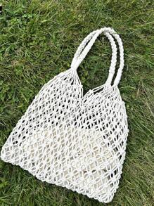 DAZY 白色草编包度假抽绳双手柄，沙滩钱包，适合夏季、度假和日常使用