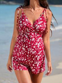 SHEIN 孕婦印花肩上打結吊帶連體短褲 - 紅白色 - 查看 4