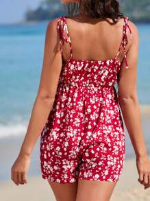 SHEIN 孕婦印花肩上打結吊帶連體短褲 - 紅白色 - 查看 5