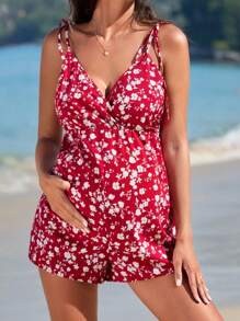 SHEIN 孕婦印花肩上打結吊帶連體短褲 - 紅白色 - 查看 6