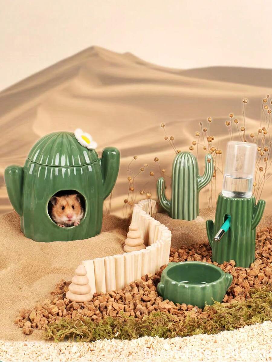 1pc Cactus Ceramic Bowl For Hamsters, Suitable For Pet Home - Green - View 1