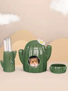 1pc Cactus Ceramic Bowl For Hamsters, Suitable For Pet Home - Green - View 2