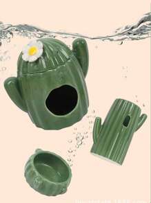 1pc Cactus Ceramic Bowl For Hamsters, Suitable For Pet Home - Green - View 5
