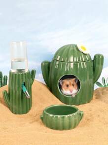 1pc Cactus Ceramic Bowl For Hamsters, Suitable For Pet Home - Green - View 7