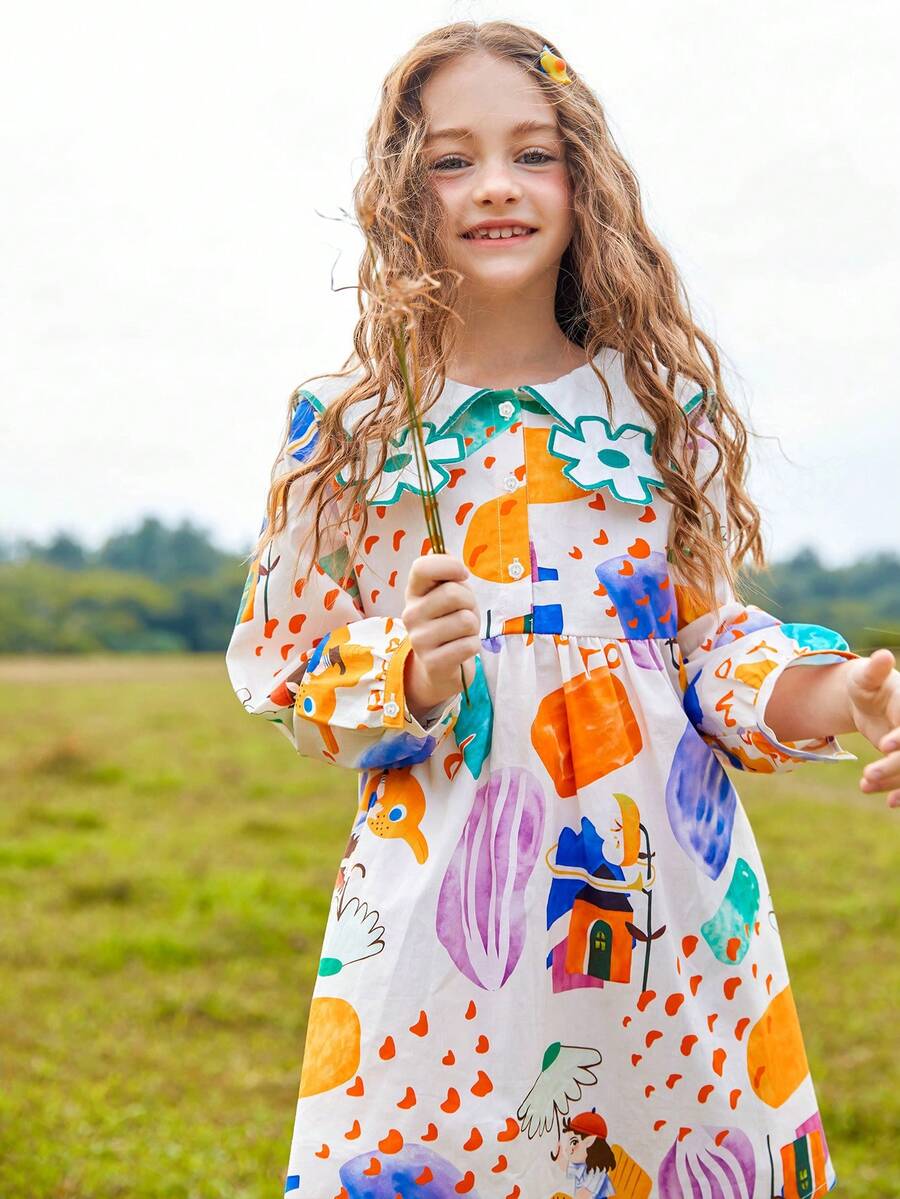 女孩卡通和印花彼得潘領燈籠袖洋裝