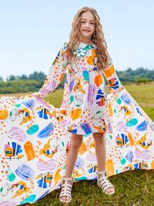 女孩卡通和印花彼得潘領燈籠袖洋裝