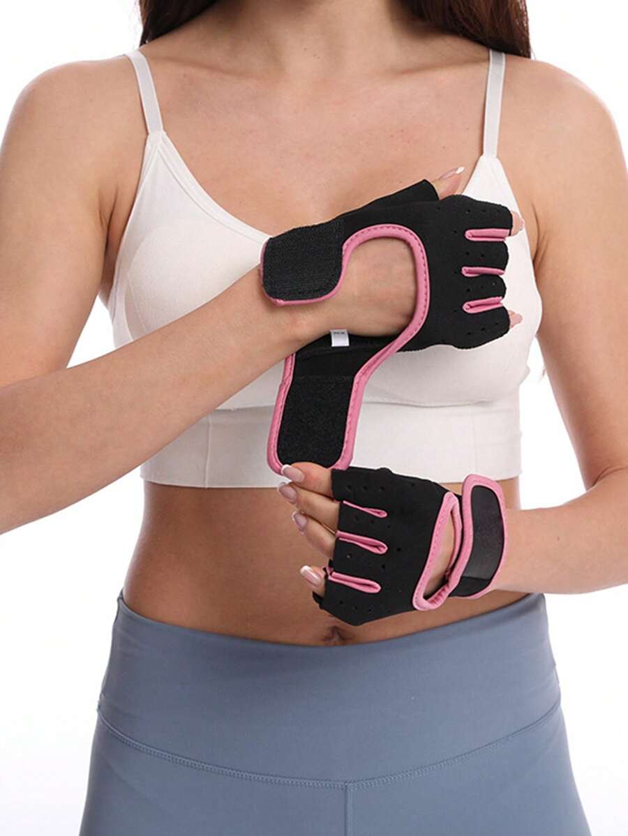 1pair Letter Graphic Contrast Binding Fingerless Sports Gloves,Suitable For Cycling,Riding Motorcycle And Skiing - Multicolor - View 1