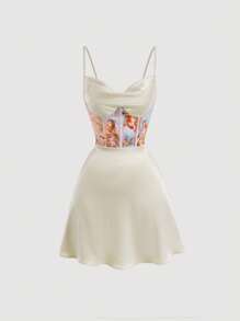 SHEIN MOD Figure Graphic Draped Collar Cami Dress - Beige - View 1