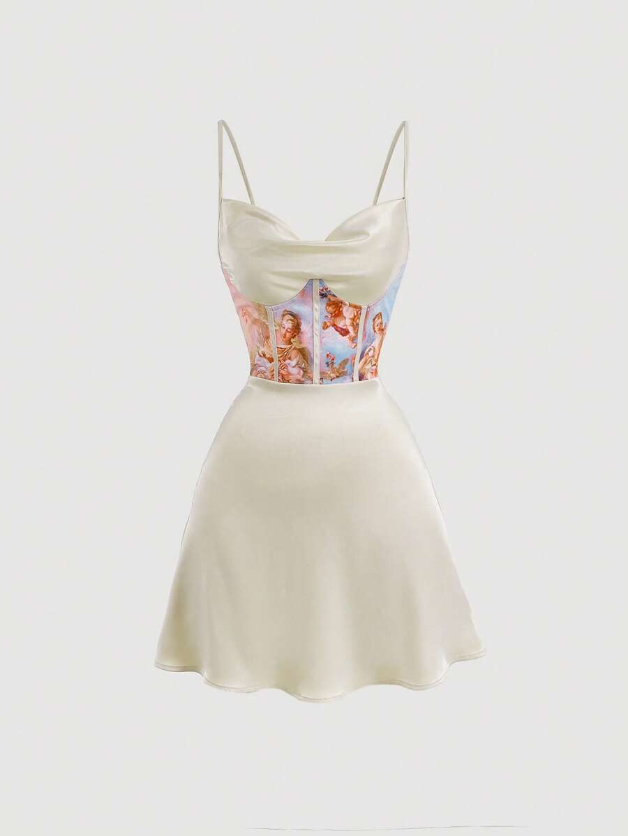 SHEIN MOD Figure Graphic Draped Collar Cami Dress - Beige - View 1