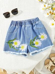 SHEIN Cô Gái Trẻ vui tươi Thêu Hoa Frayed Hem Quần short Denim Với A Phong cách hiện đại Cho mùa hè - Màu xanh lam - Xem 1