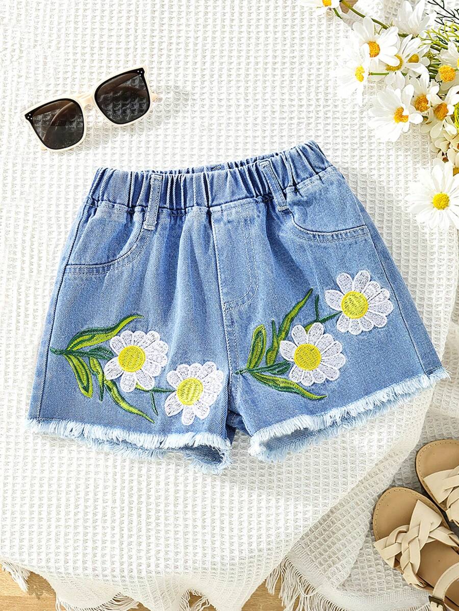 SHEIN Cô Gái Trẻ vui tươi Thêu Hoa Frayed Hem Quần short Denim Với A Phong cách hiện đại Cho mùa hè - Màu xanh lam - Xem 1