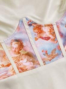 SHEIN MOD Figure Graphic Draped Collar Cami Dress - Beige - View 3