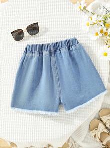 SHEIN Cô Gái Trẻ vui tươi Thêu Hoa Frayed Hem Quần short Denim Với A Phong cách hiện đại Cho mùa hè - Màu xanh lam - Xem 2