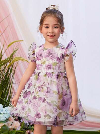 Toddler Girls Floral Print Ruffle Trim Organza Overlay Dress