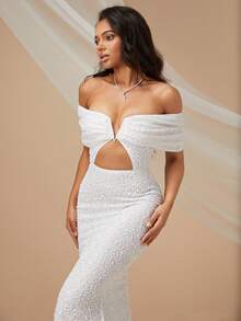 Off Shoulder Cut Out Detail Sequins Dress - White - View 5