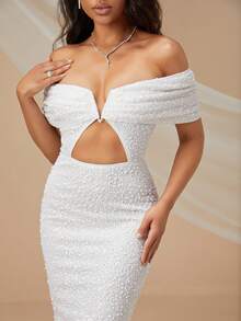 Off Shoulder Cut Out Detail Sequins Dress - White - View 6