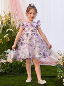 Toddler Girls Floral Print Ruffle Trim Organza Overlay Dress - Multicolor - View 4