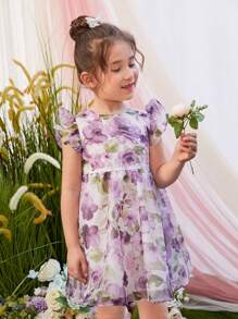 Toddler Girls Floral Print Ruffle Trim Organza Overlay Dress - Multicolor - View 5