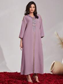 Al Najma Geo Print Drop Shoulder Hooded Dress Kaftan Jalabiya Dress - Purple - View 2