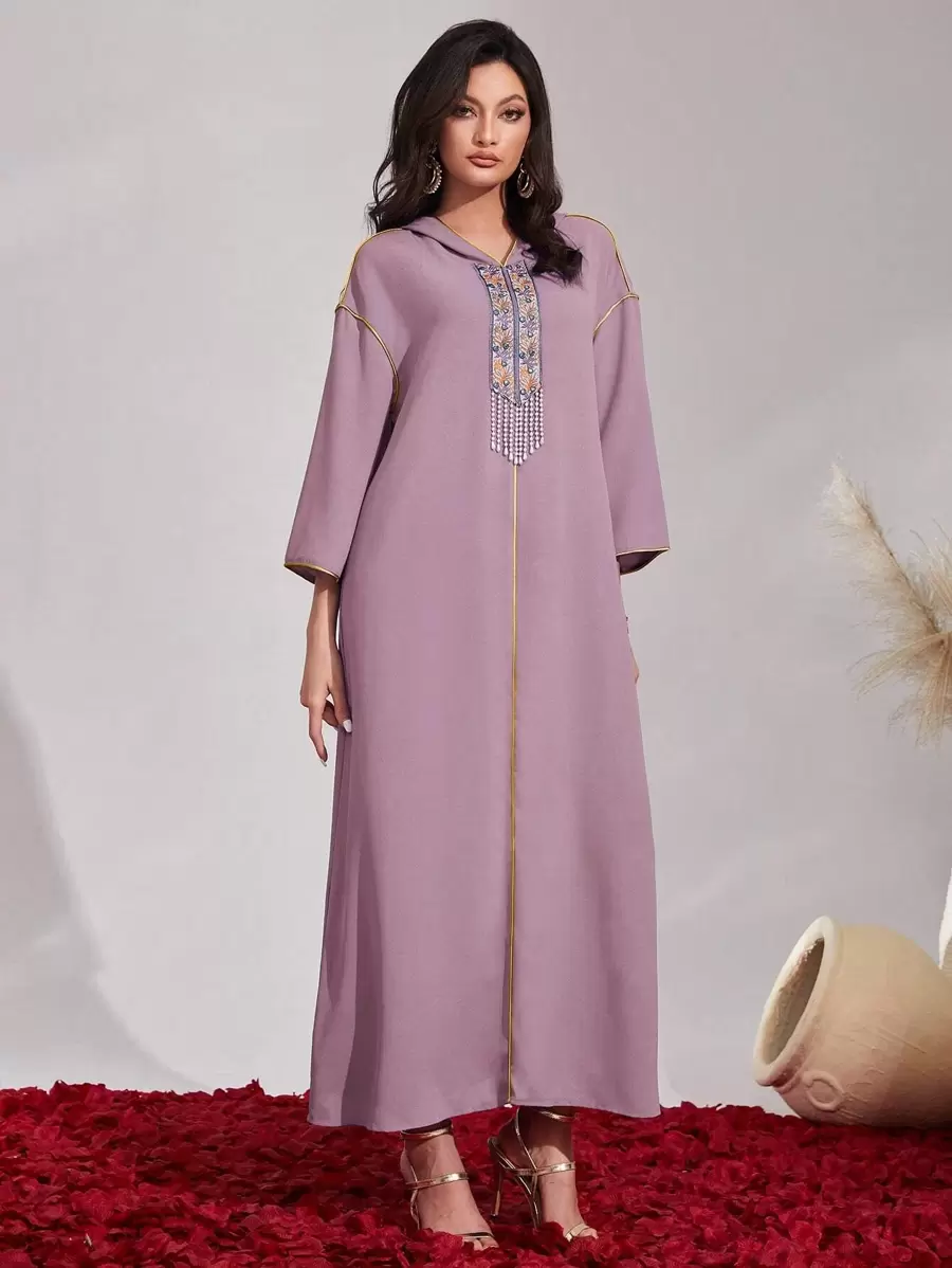 Al Najma Geo Print Drop Shoulder Hooded Dress Kaftan Jalabiya Dress