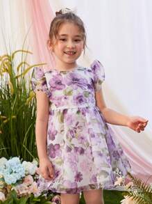 Toddler Girls Floral Print Ruffle Trim Organza Overlay Dress - Multicolor - View 6