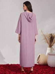 Al Najma Geo Print Drop Shoulder Hooded Dress Kaftan Jalabiya Dress - Purple - View 3