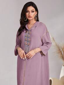 Al Najma Geo Print Drop Shoulder Hooded Dress Kaftan Jalabiya Dress - Purple - View 4