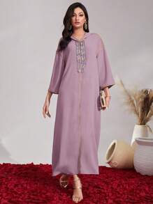 Al Najma Geo Print Drop Shoulder Hooded Dress Kaftan Jalabiya Dress - Purple - View 5