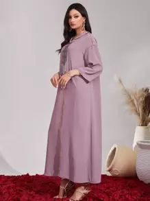 Al Najma Geo Print Drop Shoulder Hooded Dress Kaftan Jalabiya Dress - Purple - View 6