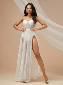 Split Thigh Lace Tube Glitter Dress - White - View 1